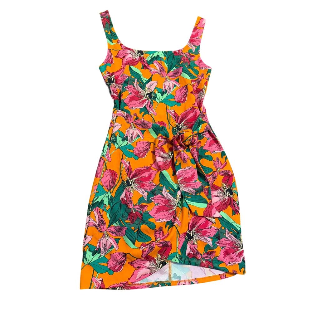 Express orange floral scoop neck wrap dress size small NEW
